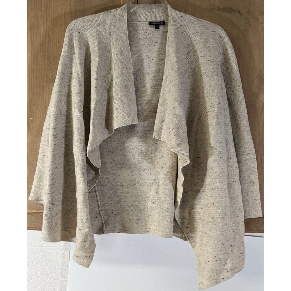 Eileen‎ Fisher Cream Pepper Speckled Open Front Waterfall Sweater Sz Med